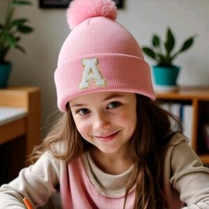 Girls Knitted Pink Pom Pom Beanie With White & Gold Letter Initial A